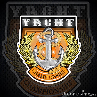 Anchor with rope with gold laurel wreath in center of shield on blackboard. Sport logo for any yachting or sailing team Vector Illustration